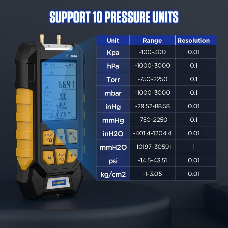Autool Manometer Gas Pressure Tester -100 to 300Kpa Digital Fieldpiece Manometer HVAC 11 Units, Data Lock & Storage with Magnetic Back, Backlit Display - Image 4
